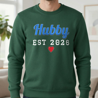 Personalised Hubby Est. T-Shirt Sweatshirt in Forest Green, worn, our photo