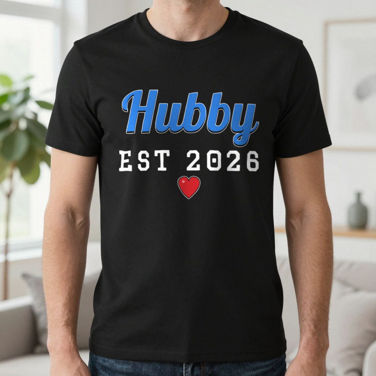 Personalised Hubby Est. T-Shirt T-Shirt in Black, worn, our photo