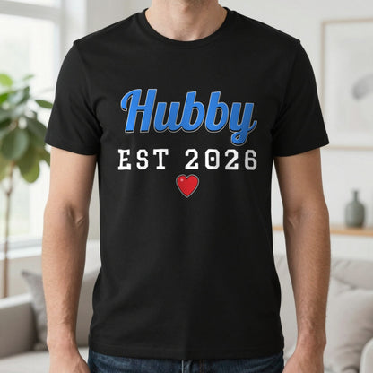 Personalised Hubby Est. T-Shirt T-Shirt in Black, worn, our photo
