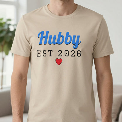 Personalised Hubby Est. T-Shirt T-Shirt in Sand, worn, our photo