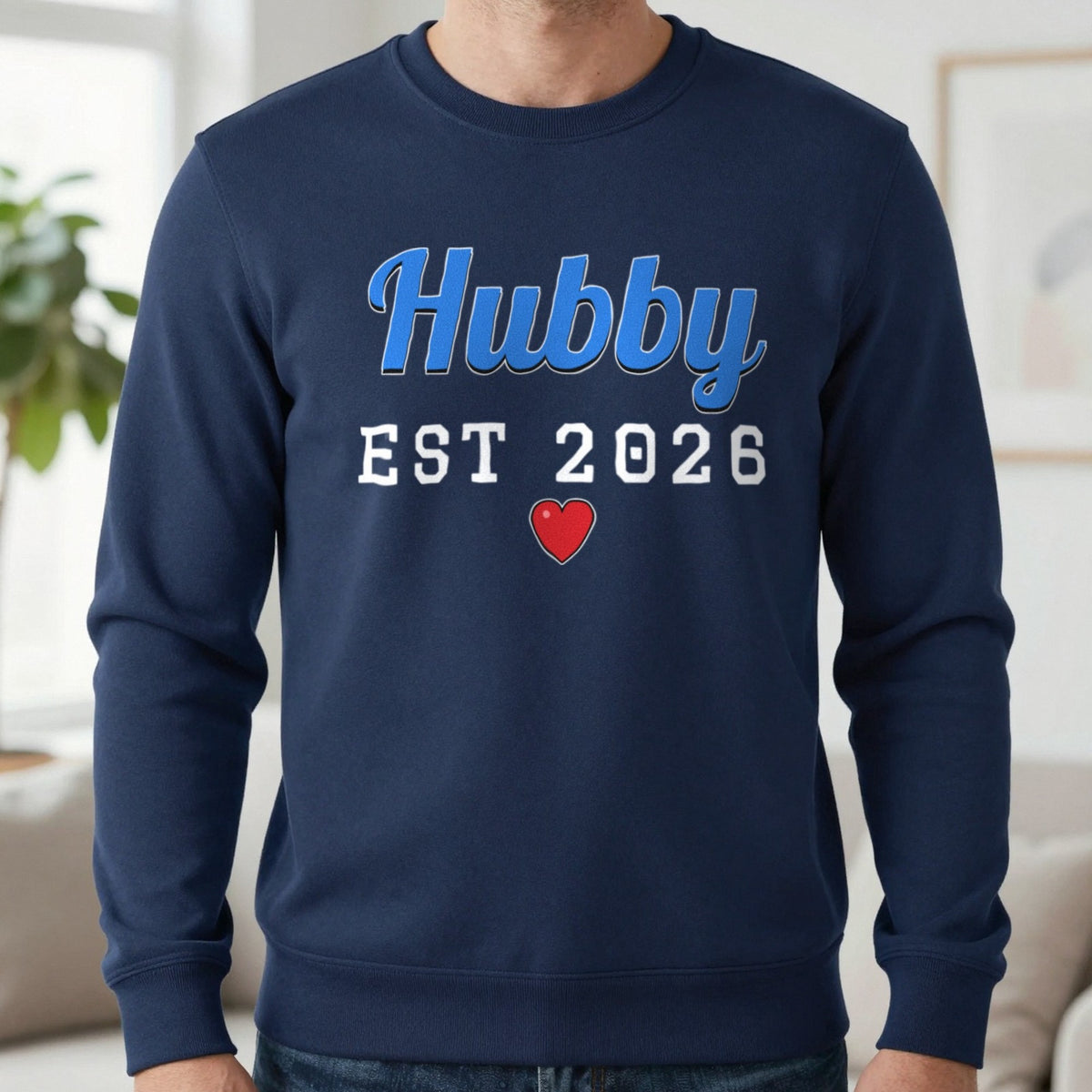 Personalised Hubby Est. T-Shirt Sweatshirt in Navy, worn, our photo