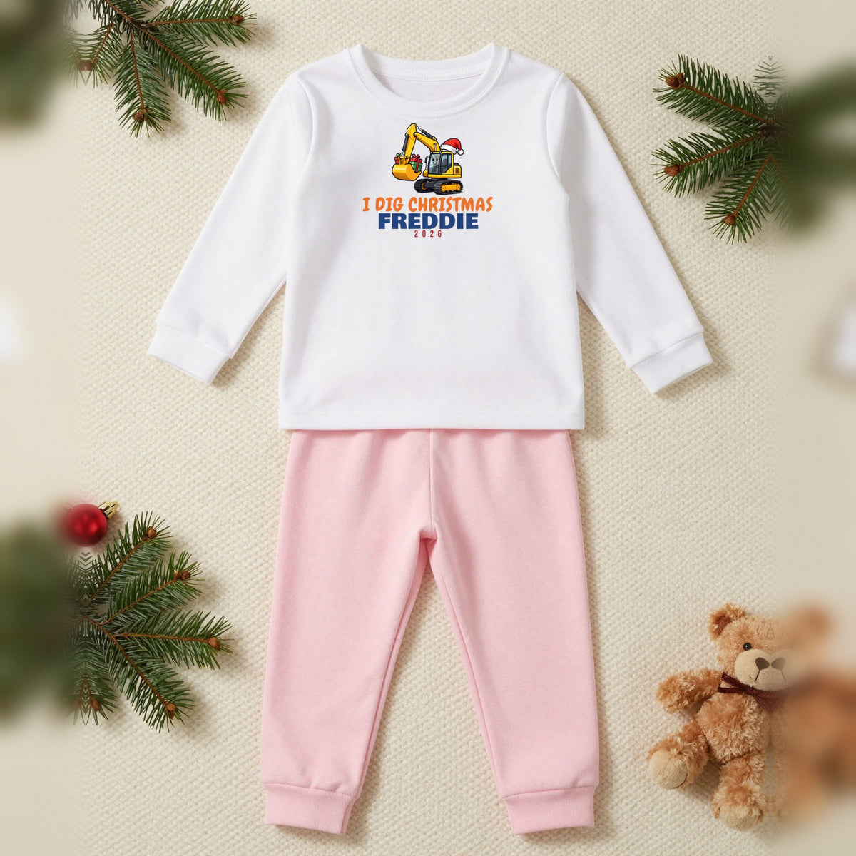 I Dig Christmas Digger Personalised Kids Christmas Pyjamas, Kids in White / Pink, our photo
