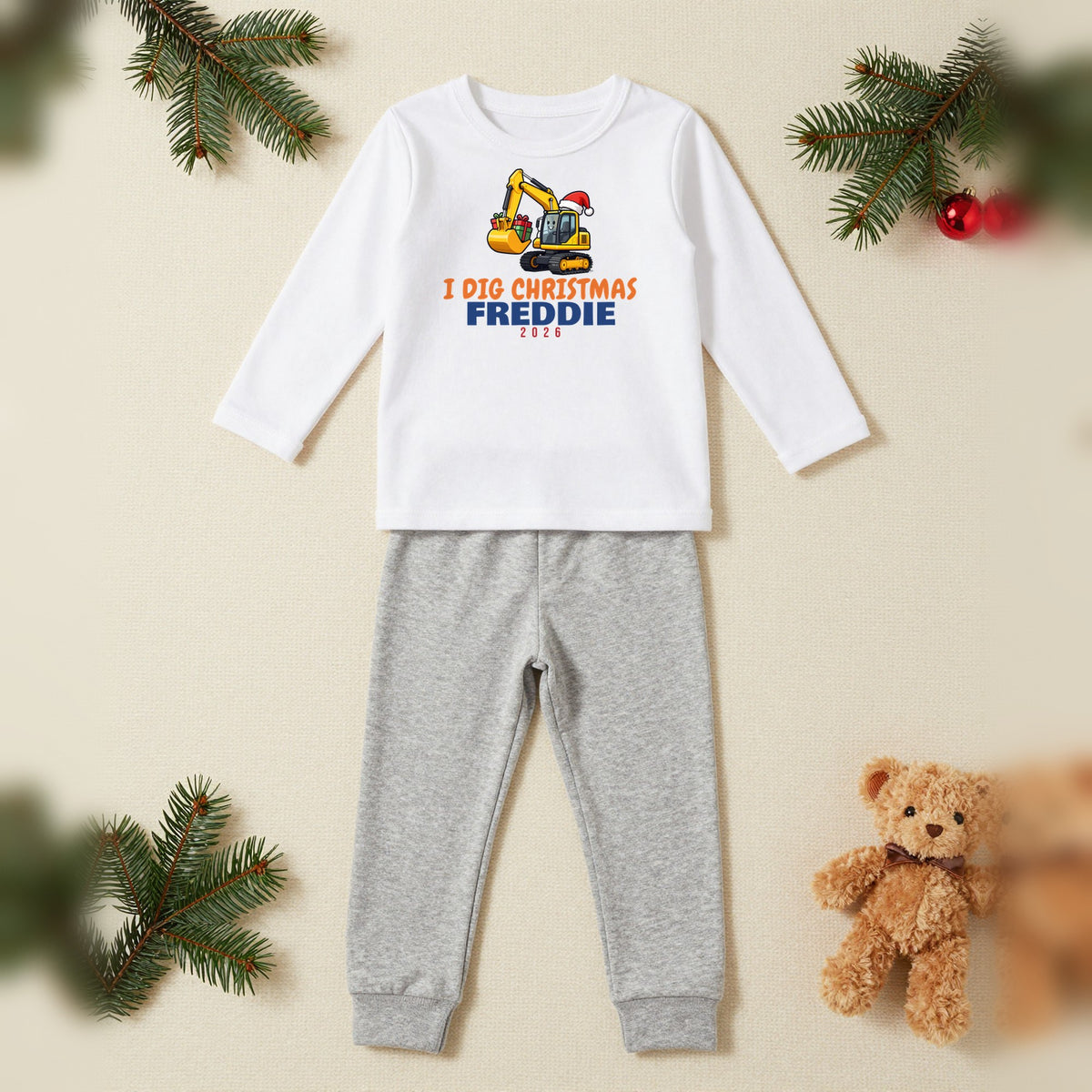 I Dig Christmas Digger Personalised Kids Christmas Pyjamas, Kids in White / Grey, our photo