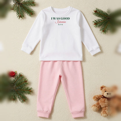 I Was Good I Promise Personalised Kids Christmas Pyjamas, Kids in White / Pink, our photo