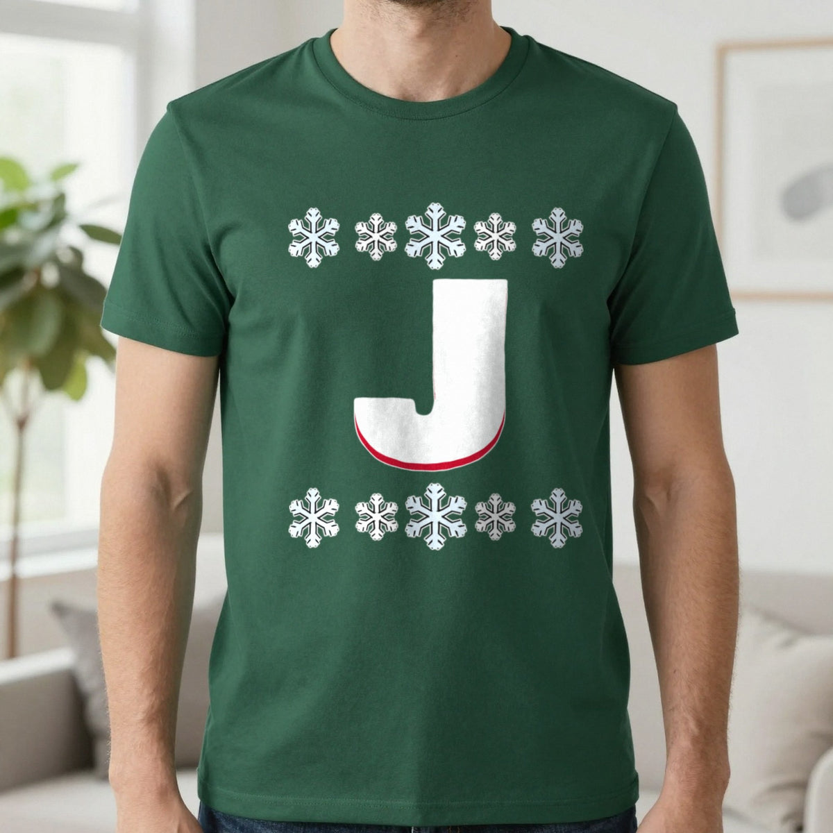 Personalised Initial Christmas Jumper T-Shirt in Forest Green, worn, our photo