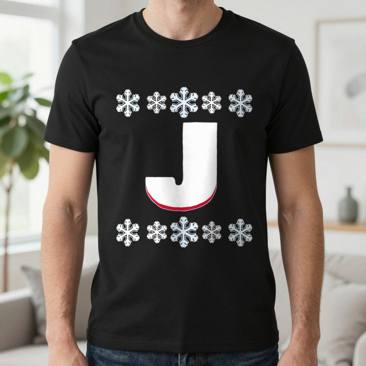 Personalised Initial Christmas Jumper T-Shirt in Black, worn, our photo