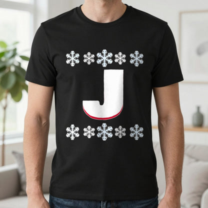 Personalised Initial Christmas Jumper T-Shirt in Black, worn, our photo