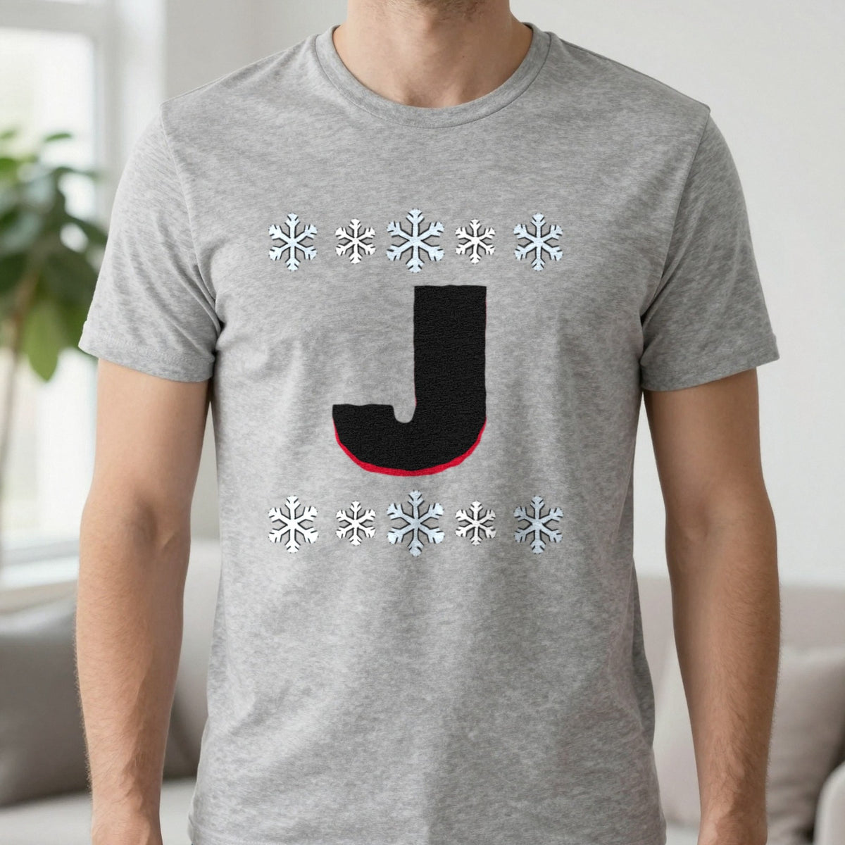 Personalised Initial Christmas Jumper T-Shirt in Sport Grey, worn, our photo
