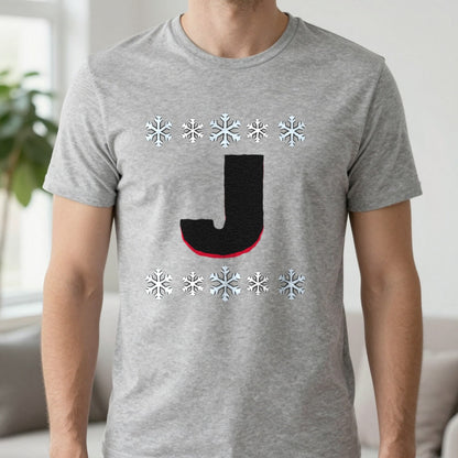 Personalised Initial Christmas Jumper T-Shirt in Sport Grey, worn, our photo