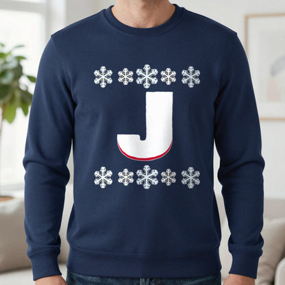 Personalised Initial Christmas Jumper Sweatshirt in Navy, worn, our photo