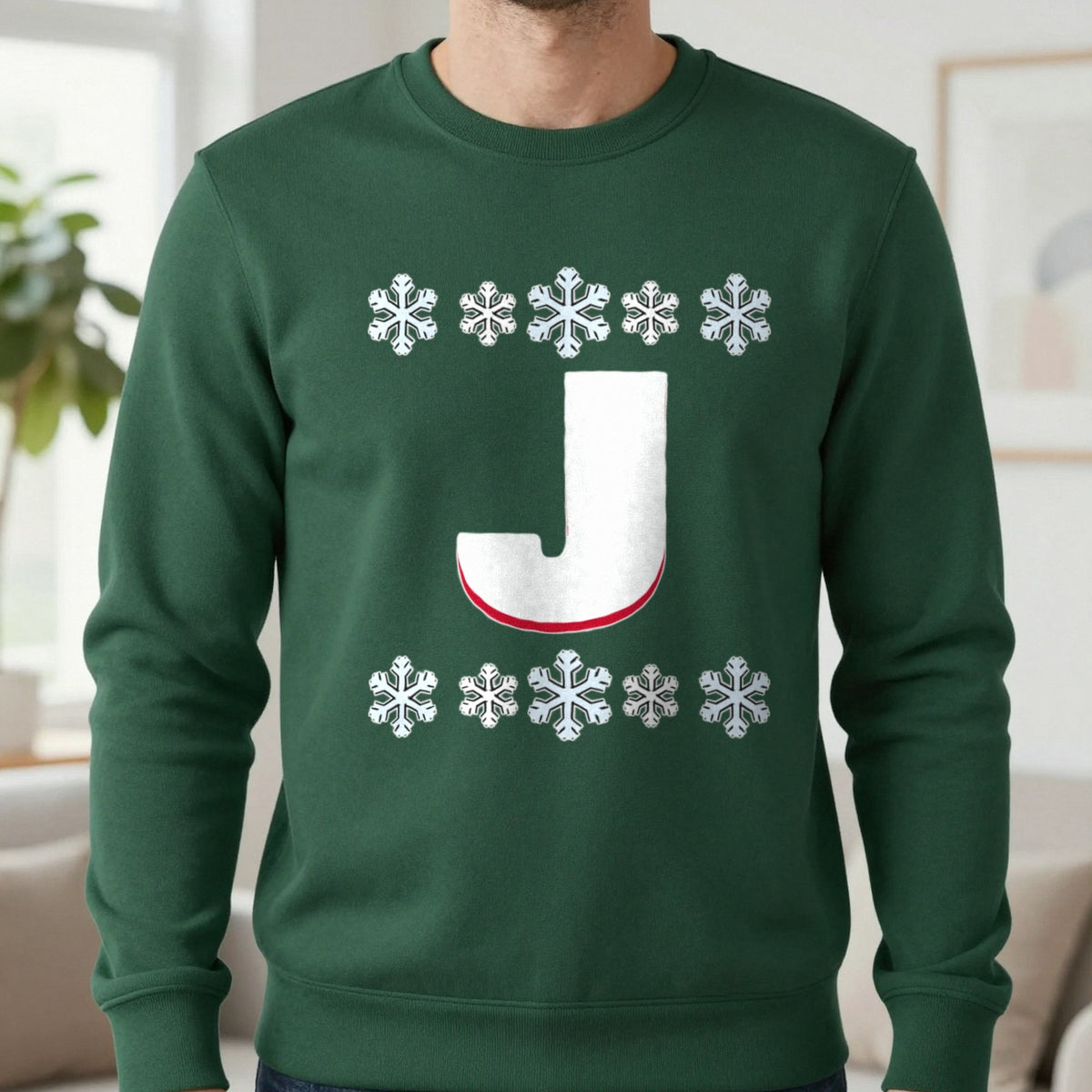 Personalised Initial Christmas Jumper Sweatshirt in Forest Green, worn, our photo