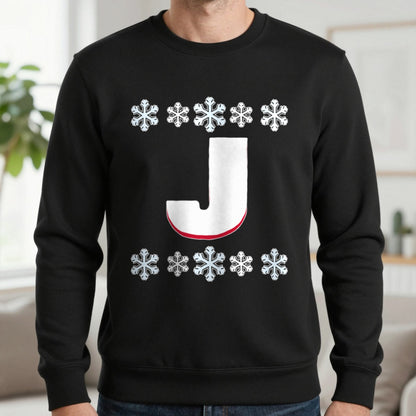 Personalised Initial Christmas Jumper Sweatshirt in Black, worn, our photo