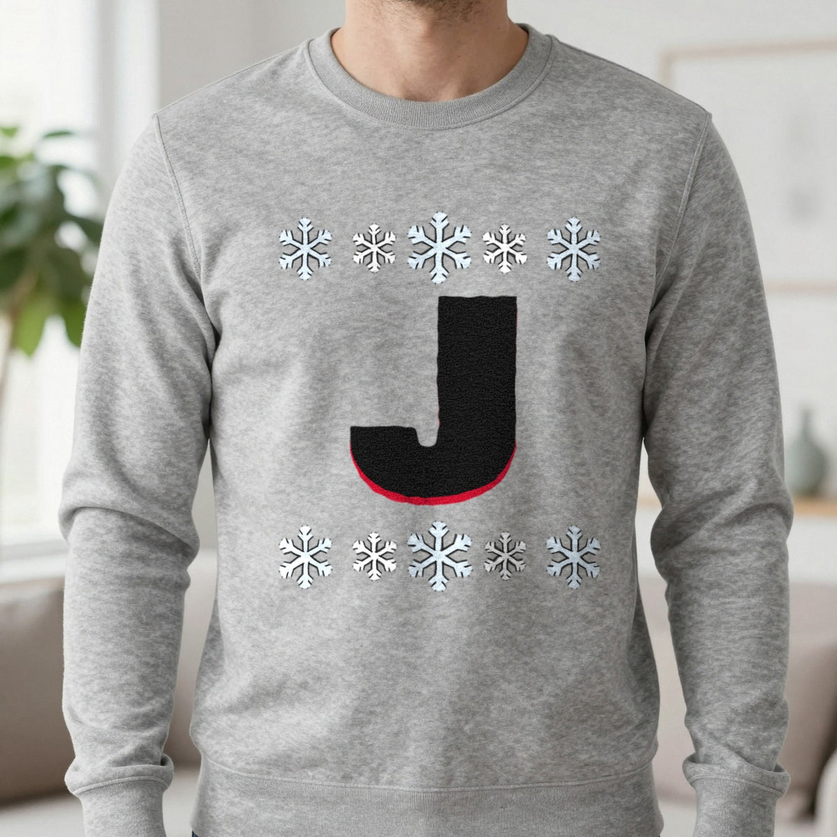 Personalised Initial Christmas Jumper Sweatshirt in Sport Grey, worn, our photo