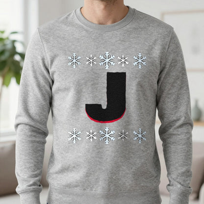 Personalised Initial Christmas Jumper Sweatshirt in Sport Grey, worn, our photo