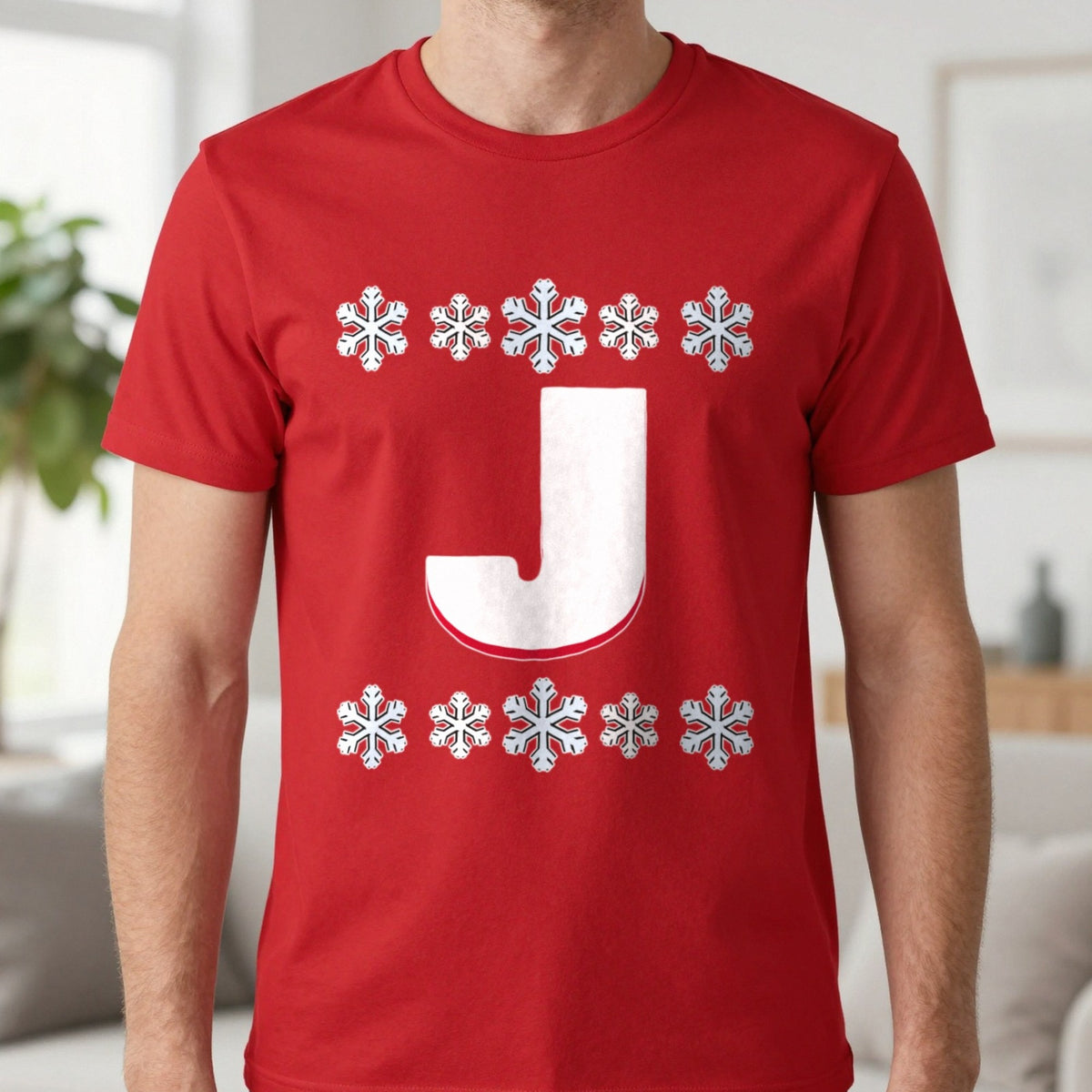 Personalised Initial Christmas Jumper T-Shirt in Red, worn, our photo