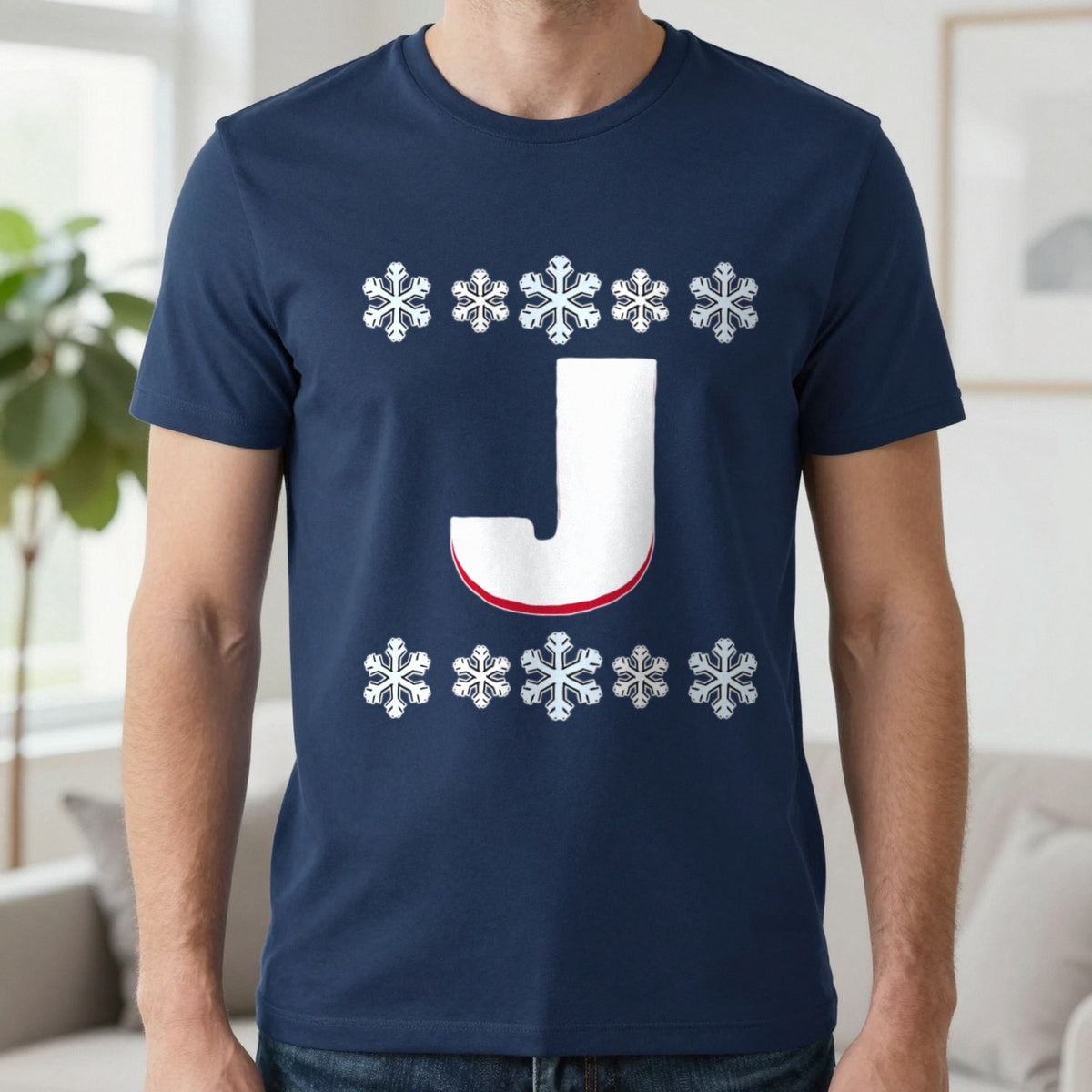 Personalised Initial Christmas Jumper T-Shirt in Navy, worn, our photo