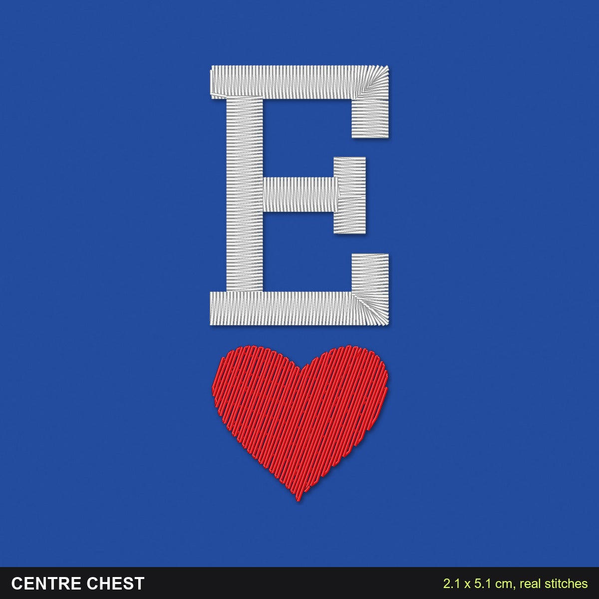 Initial Sweatshirt with a Heart: close-up of the real stitches with sizes