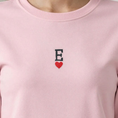 Initial Sweatshirt with a Heart, adult sweatshirt in light pink, embroidered