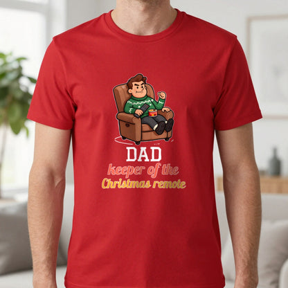 Personalised Keeper Of The Remote Christmas Jumper & T-Shirt T-Shirt in Red, worn, our photo