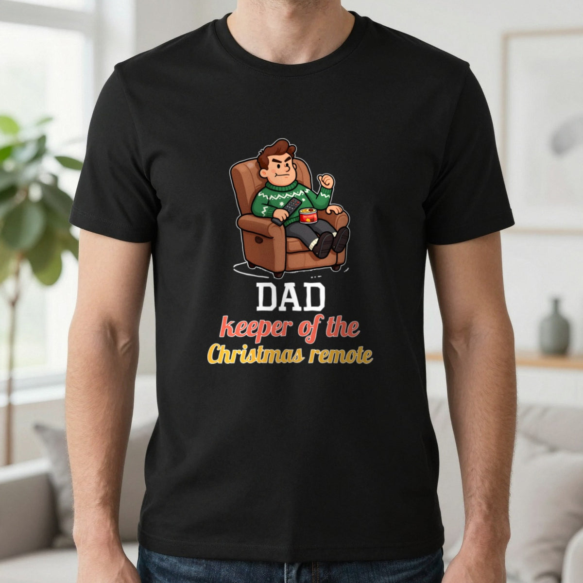 Personalised Keeper Of The Remote Christmas Jumper & T-Shirt T-Shirt in Black, worn, our photo