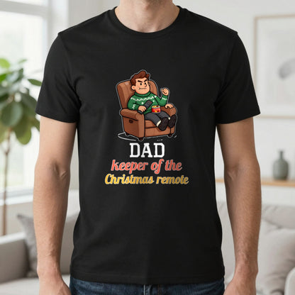 Personalised Keeper Of The Remote Christmas Jumper & T-Shirt T-Shirt in Black, worn, our photo