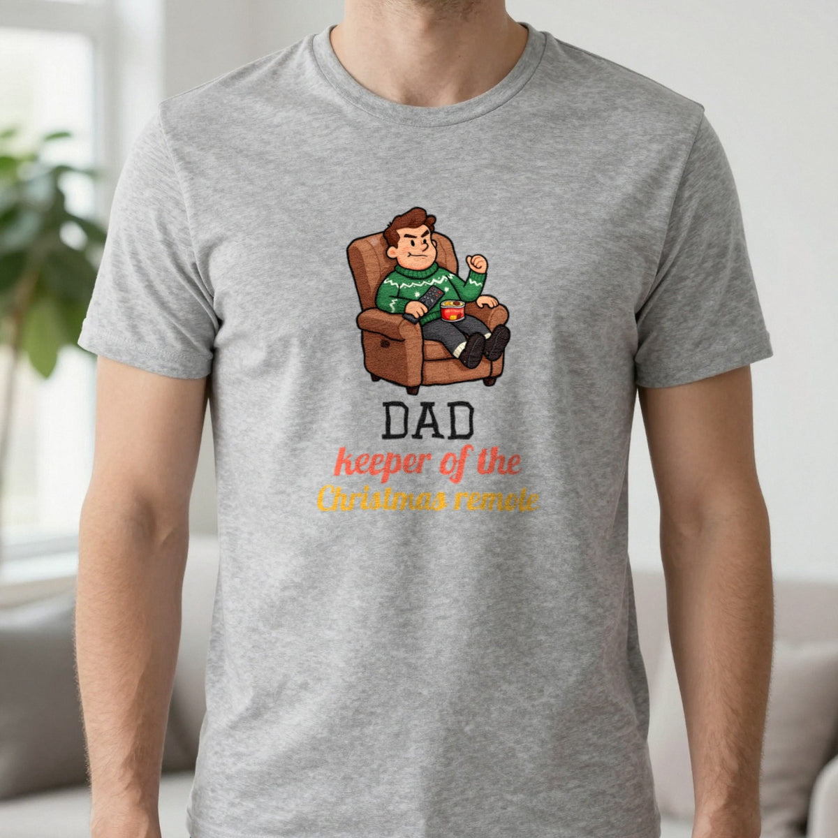 Personalised Keeper Of The Remote Christmas Jumper & T-Shirt T-Shirt in Sport Grey, worn, our photo