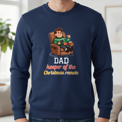 Personalised Keeper Of The Remote Christmas Jumper & T-Shirt Sweatshirt in Navy, worn, our photo