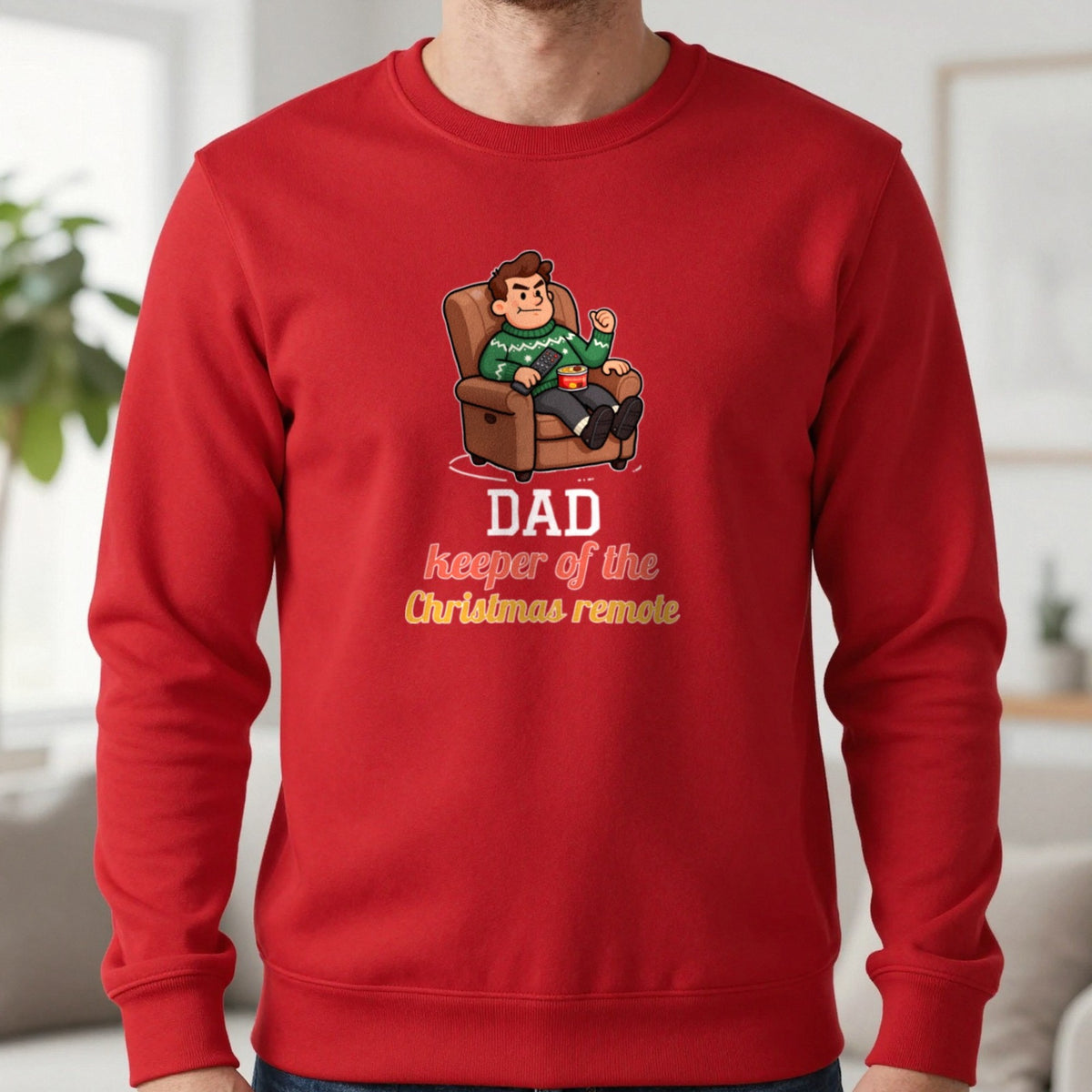 Personalised Keeper Of The Remote Christmas Jumper & T-Shirt Sweatshirt in Red, worn, our photo