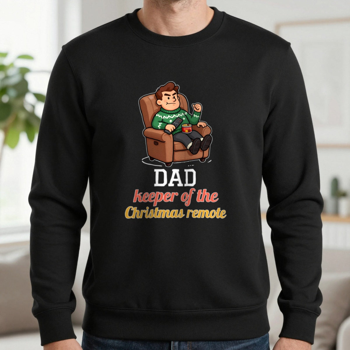 Personalised Keeper Of The Remote Christmas Jumper & T-Shirt Sweatshirt in Black, worn, our photo