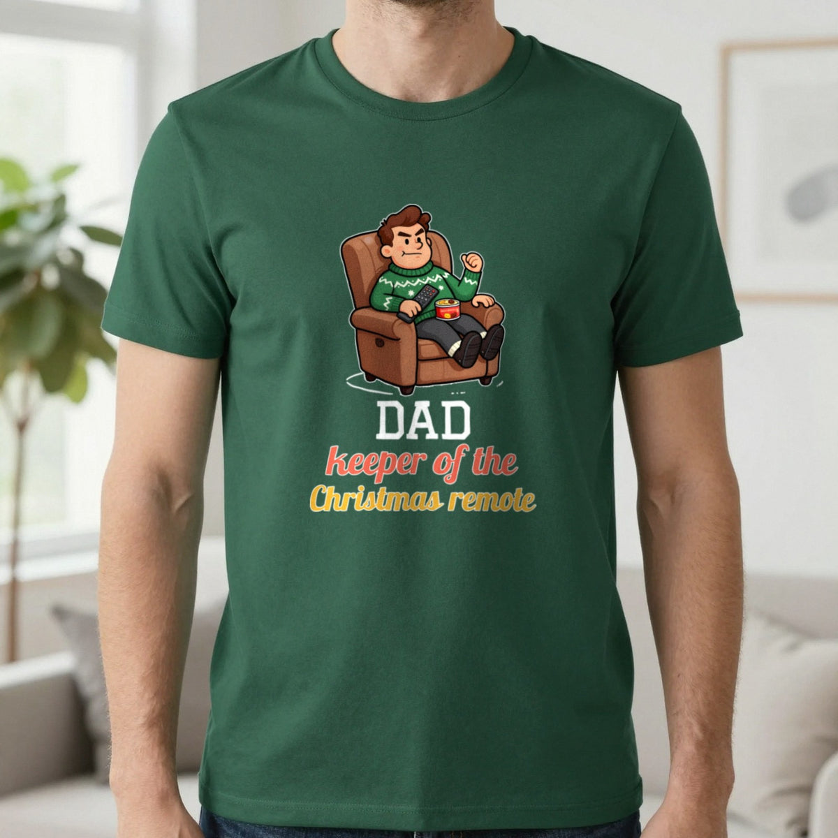 Personalised Keeper Of The Remote Christmas Jumper & T-Shirt T-Shirt in Forest Green, worn, our photo
