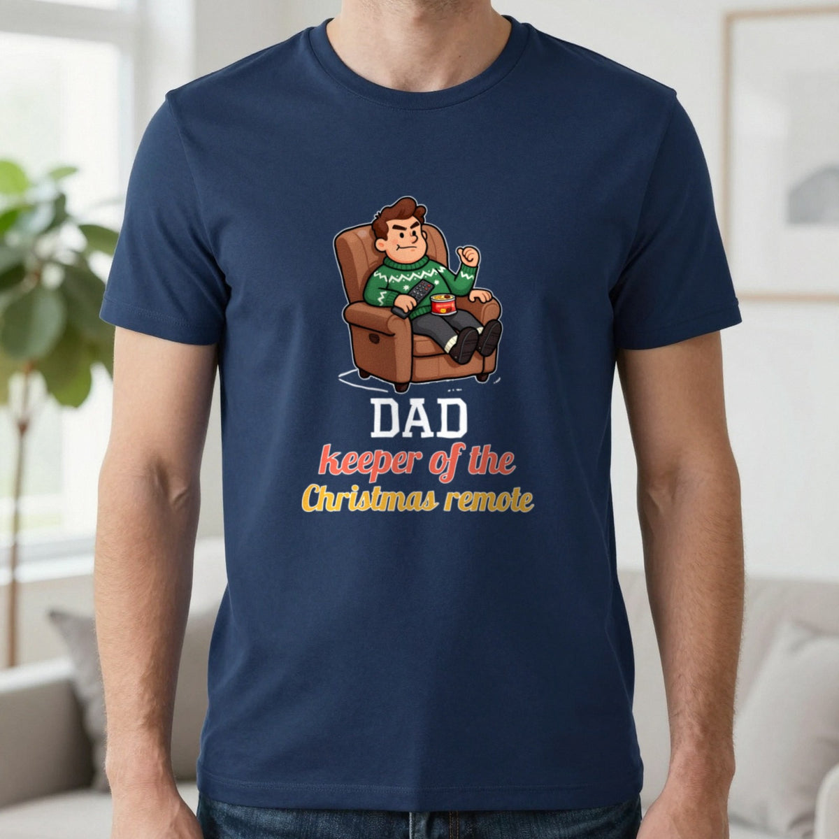 Personalised Keeper Of The Remote Christmas Jumper & T-Shirt T-Shirt in Navy, worn, our photo