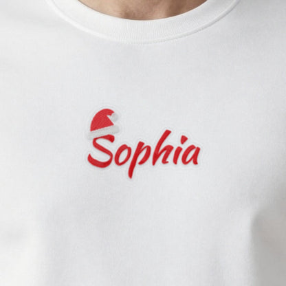 Kids Christmas Jumper with Santa Hat Name, adult sweatshirt in white, embroidered
