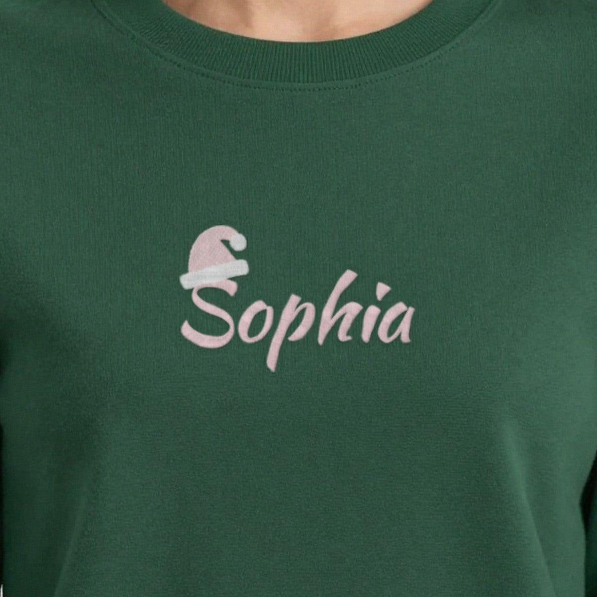 Kids Christmas Jumper with Santa Hat Name, adult sweatshirt in forest green, embroidered