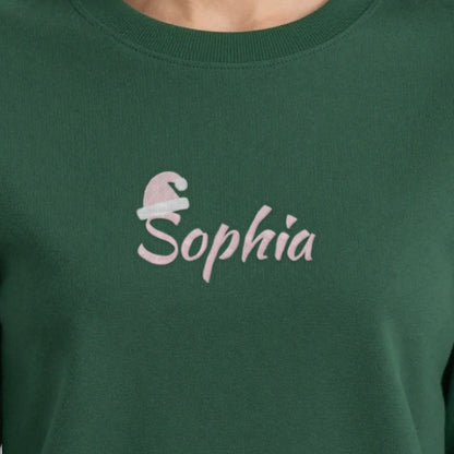 Kids Christmas Jumper with Santa Hat Name, adult sweatshirt in forest green, embroidered