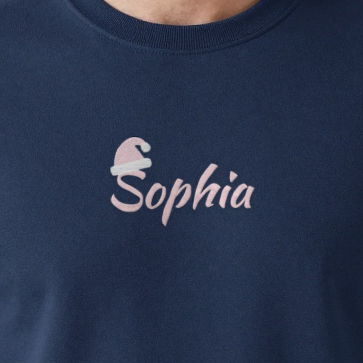 Kids Christmas Jumper with Santa Hat Name, adult sweatshirt in navy, embroidered