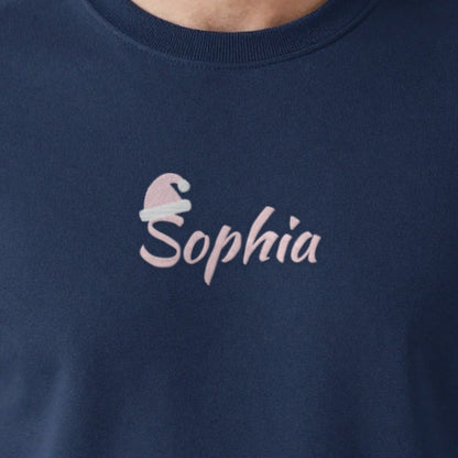 Kids Christmas Jumper with Santa Hat Name, adult sweatshirt in navy, embroidered