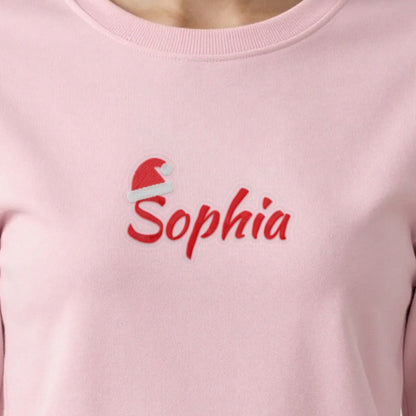 Kids Christmas Jumper with Santa Hat Name, adult sweatshirt in light pink, embroidered