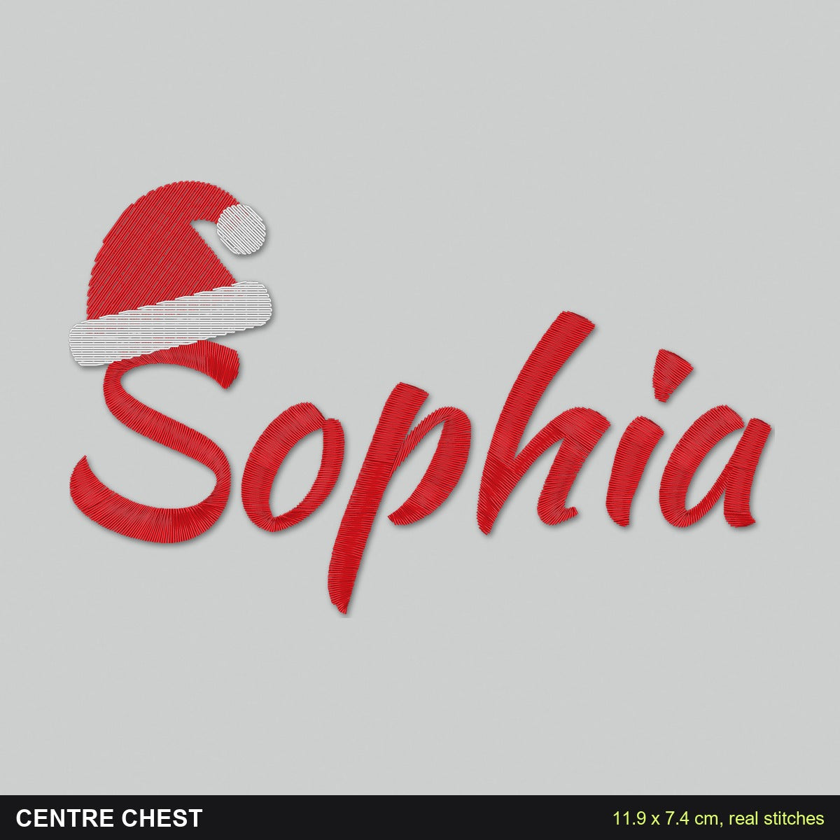 Kids Christmas Jumper with Santa Hat Name: close-up of the real stitches with sizes