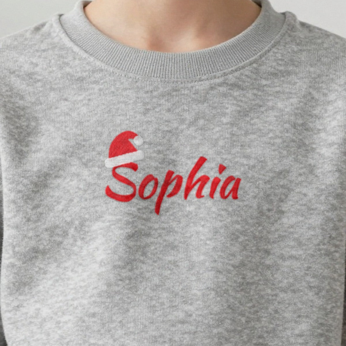 Kids Christmas Jumper with Santa Hat Name, kids sweatshirt in ash, embroidered
