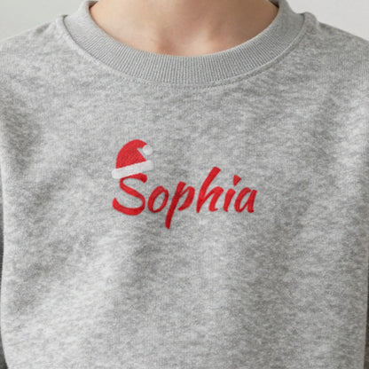 Kids Christmas Jumper with Santa Hat Name, kids sweatshirt in ash, embroidered
