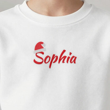 Kids Christmas Jumper with Santa Hat Name, kids sweatshirt in white, embroidered