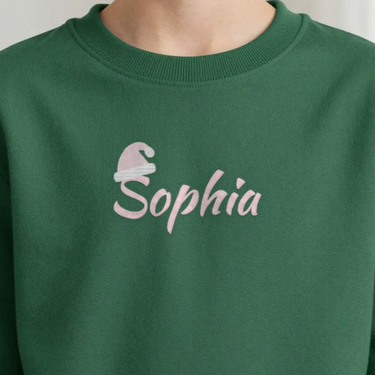 Kids Christmas Jumper with Santa Hat Name, kids sweatshirt in forest green, embroidered