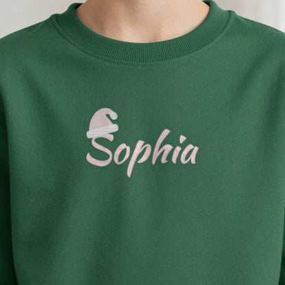 Kids Christmas Jumper with Santa Hat Name, kids sweatshirt in forest green, embroidered