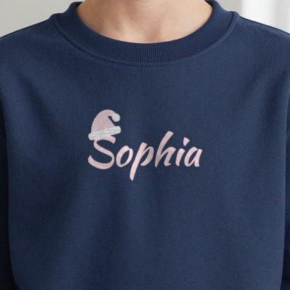 Kids Christmas Jumper with Santa Hat Name, kids sweatshirt in navy, embroidered