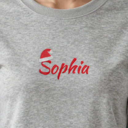 Kids Christmas Jumper with Santa Hat Name, adult sweatshirt in ash, embroidered