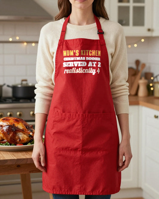 Name's Kitchen Christmas Dinner Served At 2 Christmas apron in Red, worn, our photo