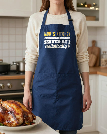Name's Kitchen Christmas Dinner Served At 2 Christmas apron in Navy, worn, our photo