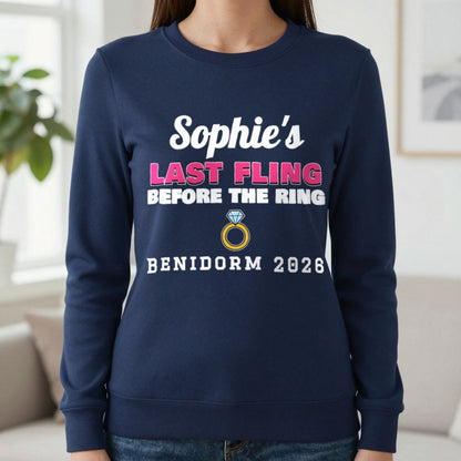 Personalised Last Fling Before The Ring T-Shirt Sweatshirt in Navy, worn, our photo