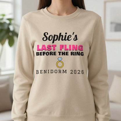 Personalised Last Fling Before The Ring T-Shirt Sweatshirt in Sand, worn, our photo