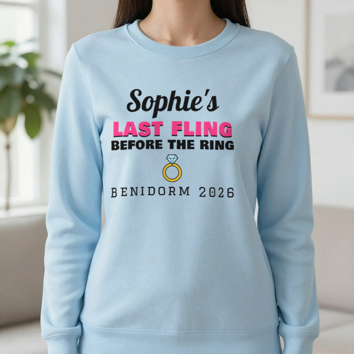 Personalised Last Fling Before The Ring T-Shirt Sweatshirt in Light Blue, worn, our photo